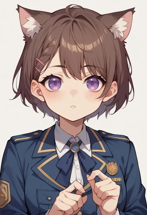 brown hair、purple eyes、short hair、cat ear、uniform