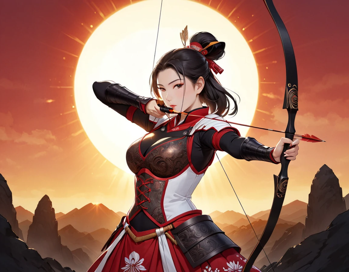 a Japanese (coal artwork: 1.5) illustration (using Black, white and red colors only) of a exquisite beautiful female archer, (silhouette artwork: 1.3), (aiming a bow: 1.4), holding the (composite masterwork bow: 1.3)  perfectly, ready for action as the sun rises, fantasy art, ), sun rising behind the archer, ready to act,  ultra feminine, with a long curvy hair, wearing knights armor, intricate clothes, , sting drawn to the cheek , arrow ready to be shot, (tip of the arrow glimmers in the sun: 1.3), sunrays, divine rays, high details, best quality, 16k, [ultra detailed], masterpiece, best quality, (extremely detailed), dynamic angle, Aiming a Bow, bow (weapon), 