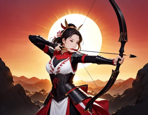 a Japanese (coal artwork: 1.5) illustration (using Black, white and red colors only) of a exquisite beautiful female archer, (si...