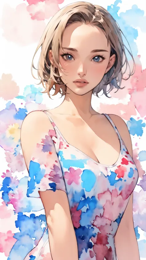 (masterpiece:1.2, Highest quality),8K,wallpaper,((Watercolor)),(Natalie Portman), Upper body close-up,front,short hair,Wearing a bold dress,Perfect Eyes,Detailed face,,Cool woman