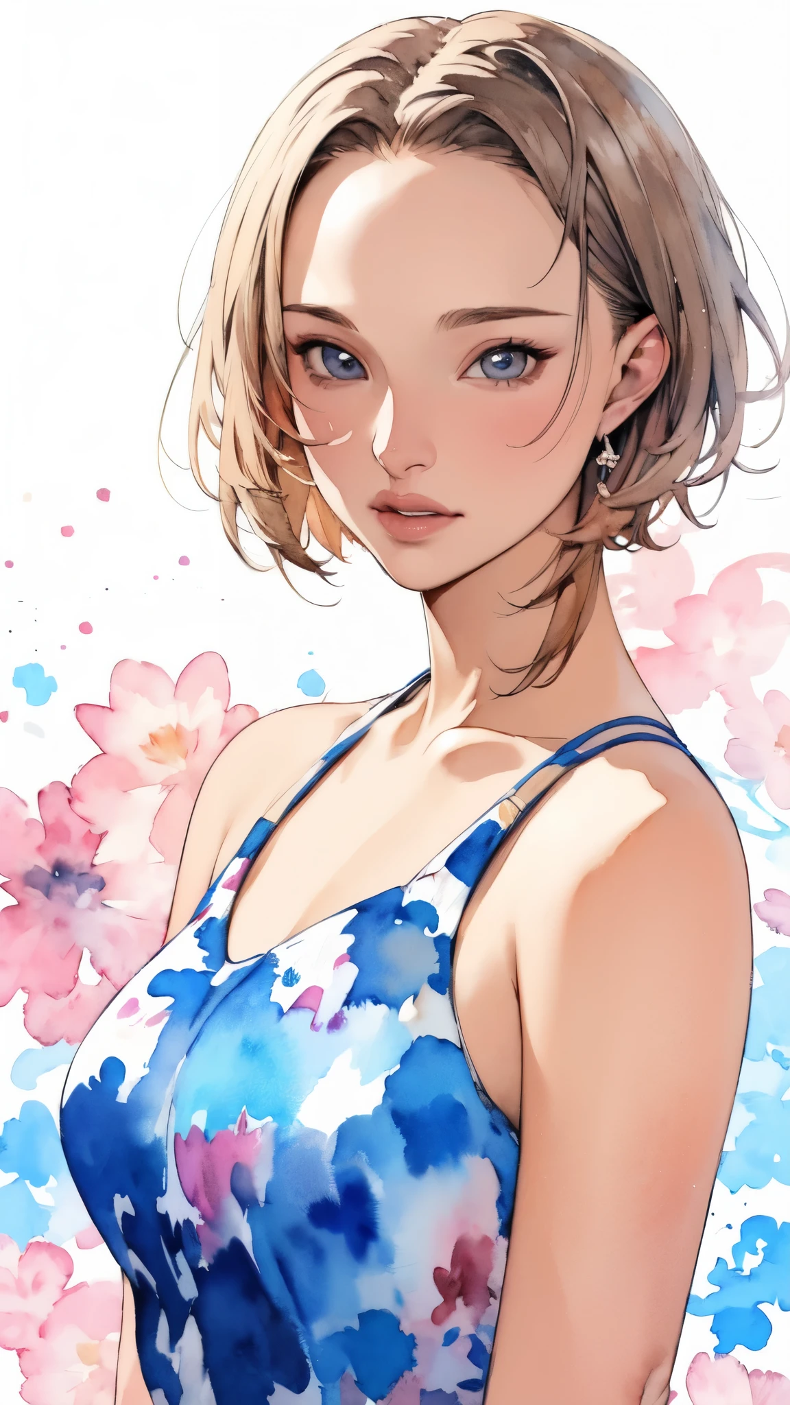 (masterpiece:1.2, Highest quality),8K,wallpaper,(Watercolor),(Natalie Portman), Upper body close-up,front,short hair,Wearing a bold dress,Perfect Eyes,Detailed face,,Cool woman