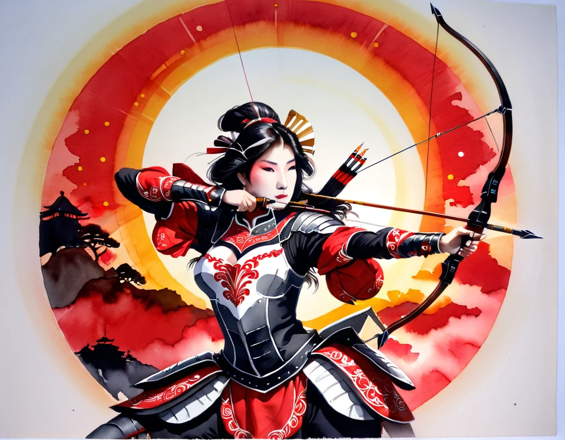 una ilustración de acuarela japonesa (usando negro, solo colores blanco y rojo) de una hermosa y exquisita arquera, (ilustraciones de silueta: 1.3), aiming a arco, sosteniendo el (composite masterwork arco: 1.3)  perfectamente, listo para la acción cuando sale el sol, Arte De Fantasía, ), sol saliendo detrás del arquero, listo para actuar,  ultrafemenina, con un pelo largo y curvilíneo, vistiendo armadura de caballero, ropa intrincada, , picadura dibujada en la mejilla , flecha lista para ser disparada, (La punta de la flecha brilla al sol.: 1.3), luz solar, rayos divinos, detalles altos, mejor calidad, 16k, [ultra detallado], obra maestra, mejor calidad, (extremadamente detallado), ángulo dinámico, Apuntar con un arco, arco (arma), ral-wtrclr