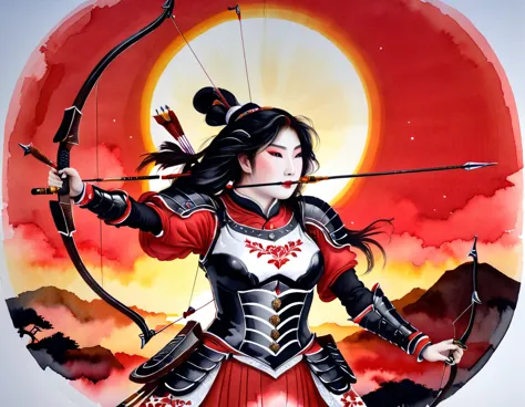 a Japanese watercolor illustration (using Black, white and red colors only) of a exquisite beautiful female archer, (silhouette ...