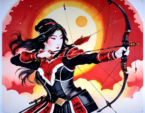 a Japanese watercolor illustration (using Black, white and red colors only) of a exquisite beautiful female archer, (silhouette ...