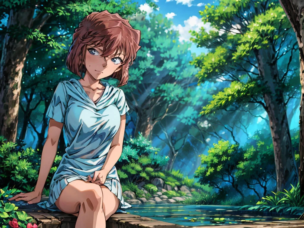 Haibara ai, short brown hair, blue eyes,She is sitting on a bridge over a river, in a forest, wearing a straw hat, holding a rose in her hand, looking at the viewer.