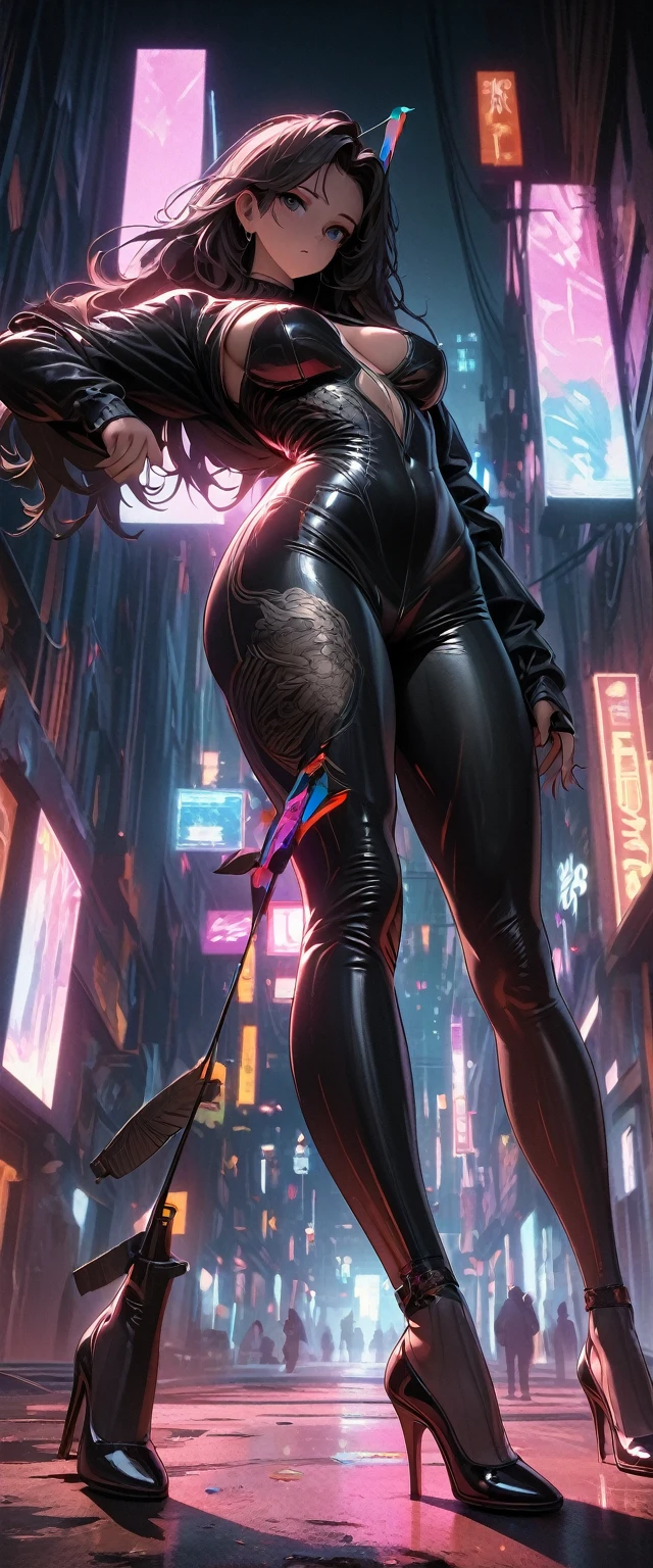 Cyberpunk style，30-year-old mature and charming woman，Leather bodysuit covers the entire body，Full breasts，High heels，Shoot at me with a bow and arrow，beautiful，Glowing Effects，Celluloid style，Flat coating，HD，CG art，comics，8K，Looking at the camera，high quality，illustration，Vaporwave style，Rim Light，light，Very detailed，complicated，OC Renderer，Viewing angle，high resolution