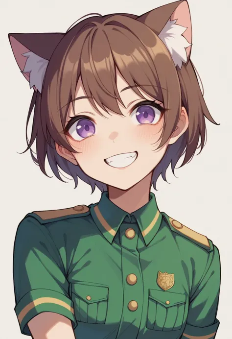 brown hair、purple eyes、short hair、cat ear、uniform、smile、student