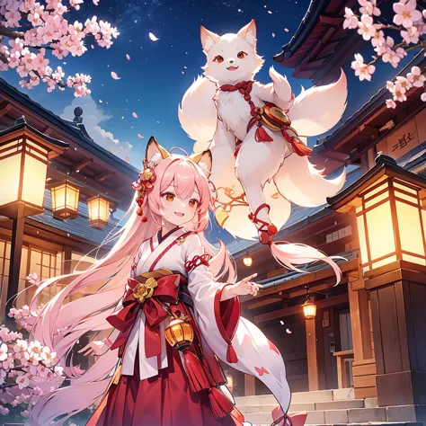 lanterns flying off into the sky, cherry blossom trees, kitsune people, happy, cheerful 