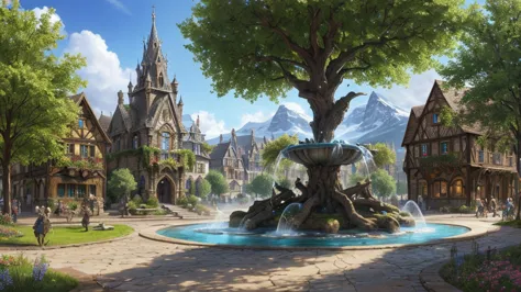 Fantasy art, RPG Art, The Elven town square features a magnificent magical fountain, The fountain&#39;s basin is inscribed with ...