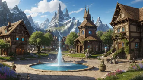Fantasy art, RPG Art, The Elven town square features a magnificent magical fountain, The fountain&#39;s basin is inscribed with ...