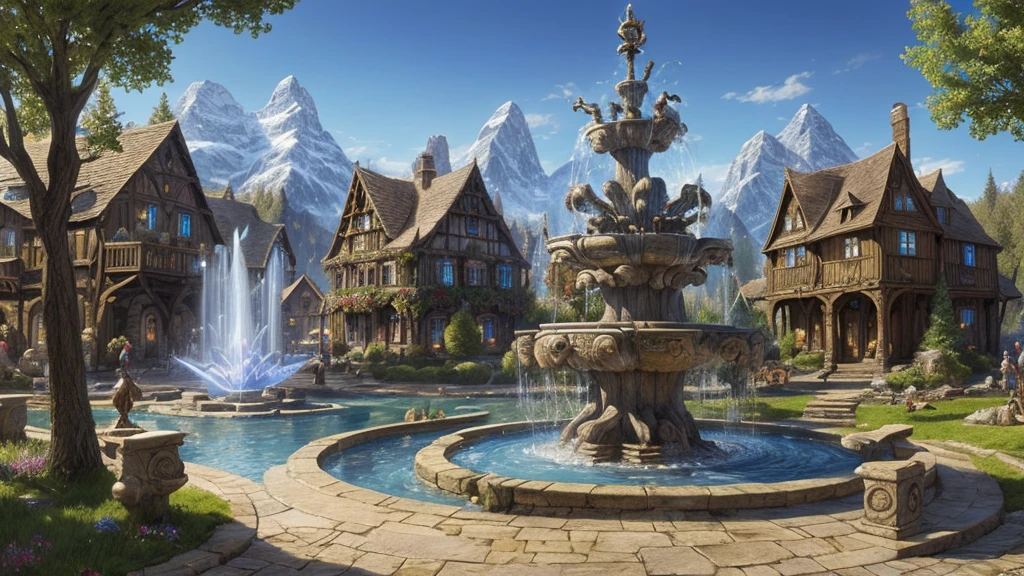 Fantasy art, RPG Art, The Elven town square features a magnificent magical fountain, The fountain&#39;s basin is inscribed with magical runes, Many streams of water entangled in the fire, Interested, Fire is combined with the flow of water, It&#39;s night, The moon rises, Realistic, 16K, born, Awards, (Most detailed: 1.5), masterpiece, Highest quality, (Super detailed), whole body, Ultra Wide Shot