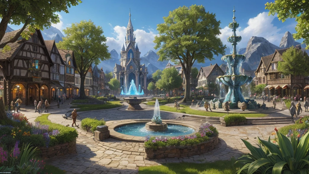 Fantasy art, RPG Art, The Elven town square features a magnificent magical fountain, The fountain&#39;s basin is inscribed with magical runes, Many streams of water entangled in the fire, Interested, Fire is combined with the flow of water, It&#39;s night, The moon rises, Realistic, 16K, born, Awards, (Most detailed: 1.5), masterpiece, Highest quality, (Super detailed), whole body, Ultra Wide Shot