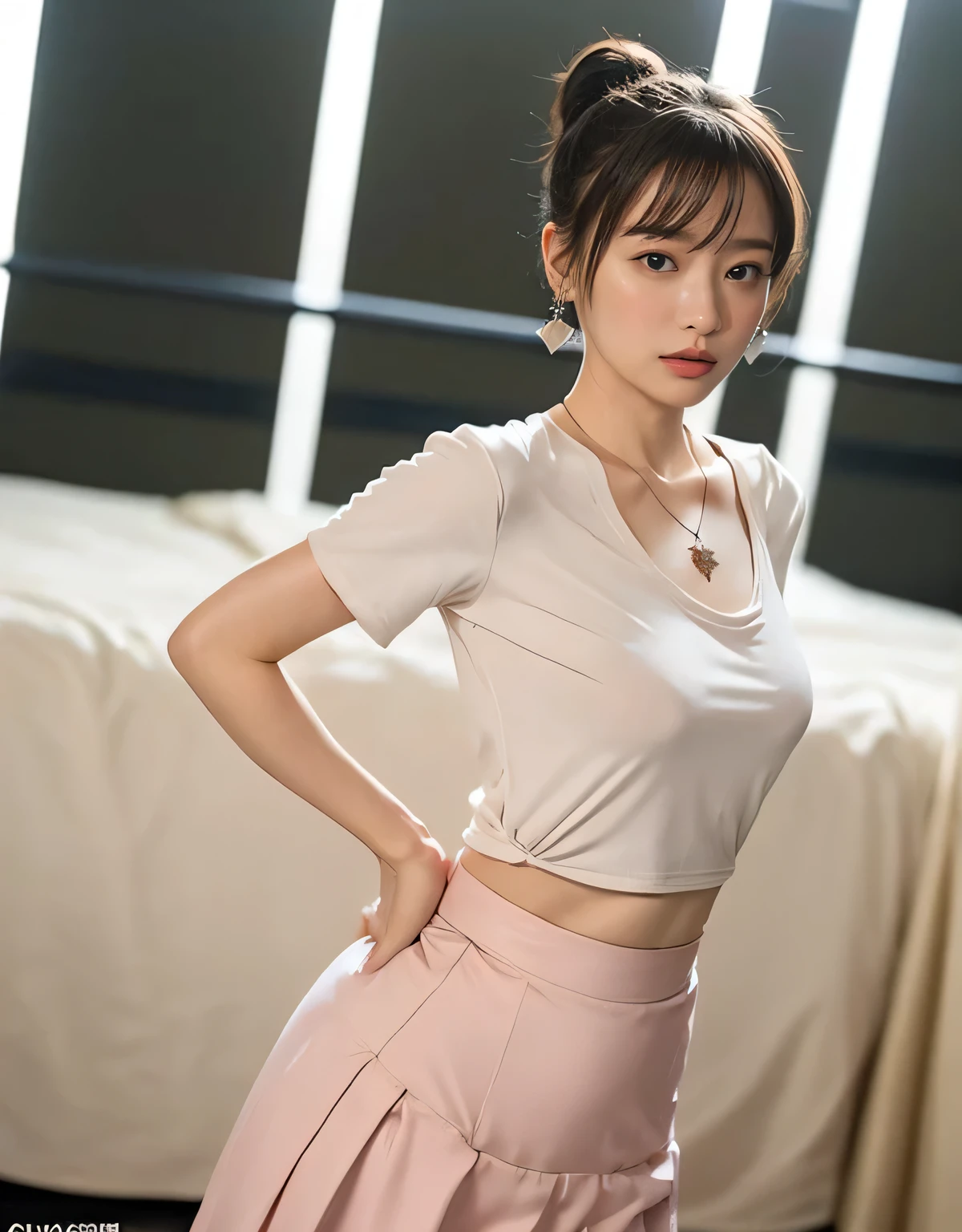 ((Wide-angle photography, Sex Photo, Clear photos, Take a full body photo:1.5)),
(Formal clothes for work, Crew neck short sleeve T-shirt, Long skirt:1.8),
(No bra, The shape of the nipples is visible,rich,Beautiful thighs,Ultra-detailed skin,Small pores in the skin:1.4),

((Her body is incredibly beautiful and stylish, She has an angry look:1.4)),
((Cowgirl, Sexy outfit, Touching the nipples:1.5)),

((32 years old, Beautiful sister in law, Naughty lips, Sexy body, Body facing forward:1.4)),
((Small breasts, Flat Chest, chest is slightly drooping:1.2)),
((Large bedroom, Spotlight:1.4)),

Eye focus, Narrow shoulders, Beautiful clavicle, Thin arms, Thin legs, The back of the hand is beautiful and feminine, Slim figure, Soft belly, Tight waist, Highly detailed face, super detailed breasts, Ultra-detailed skin, Fair skin, Shiny skin, Ultra-detailed lips, Fuller lips, Thick and soft lips, Glossy pink lips, Blushing, White teeth, blue eyes, Beautiful actress makeup, Intense and cute makeup, Pink lipstick, Dark brown hair, Delicate and soft hair, (Put your hair up, Fluffy short bob, ponytail:1.2), (Sweep your bangs to the side:1.2), (Stylish earrings,necklace:1.2),
