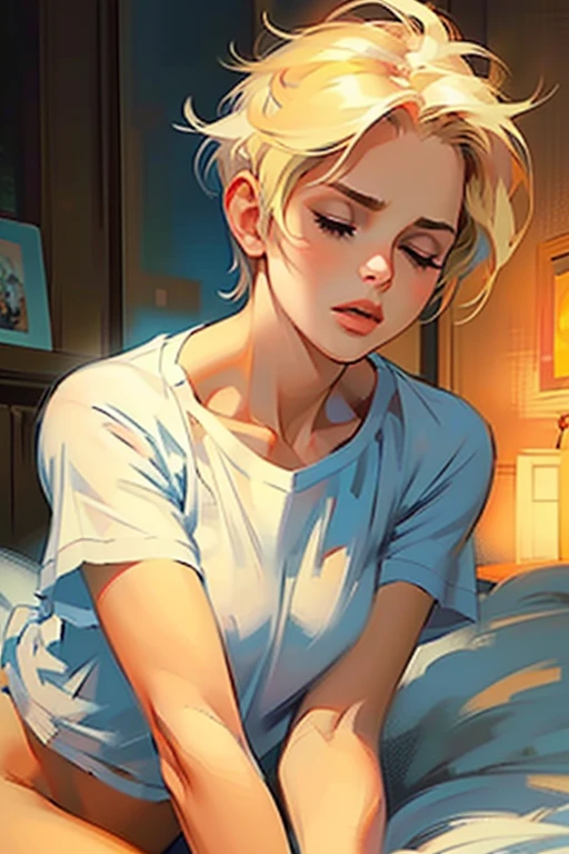 Laying in bed, holding her own breasts. Getting ((aroused:1.2)), ((closed eyes, moan:1.2)). Athletic blonde woman, (short hair), tomboy, cute, t-shirt, panties, very light makeup. ((Masterpiece, best quality)),face focus.