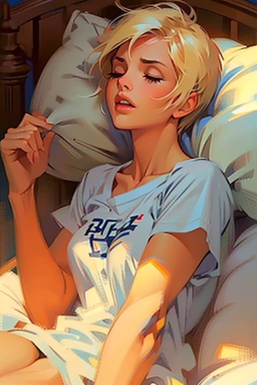 Laying in bed, holding her own breasts. Getting ((aroused:1.2)), ((closed eyes, moan:1.2)). Athletic blonde woman, (short hair), tomboy, cute, t-shirt, panties, very light makeup. ((Masterpiece, best quality)),face focus.