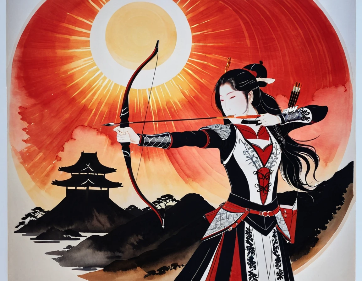 a Japanese watercolor illustration (using Black, white and red colors only) of a exquisite beautiful female archer, (silhouette artwork: 1.3), (aiming a bow: 1.4), holding the (composite masterwork bow: 1.3)  perfectly, ready for action as the sun rises, fantasy art, ), sun rising behind the archer, ready to act,  ultra feminine, with a long curvy hair, wearing knights armor, intricate clothes, , sting drawn to the cheek , arrow ready to be shot, (tip of the arrow glimmers in the sun: 1.3), sunrays, divine rays, high details, best quality, 16k, [ultra detailed], masterpiece, best quality, (extremely detailed), dynamic angle, Aiming a Bow, bow (weapon), 