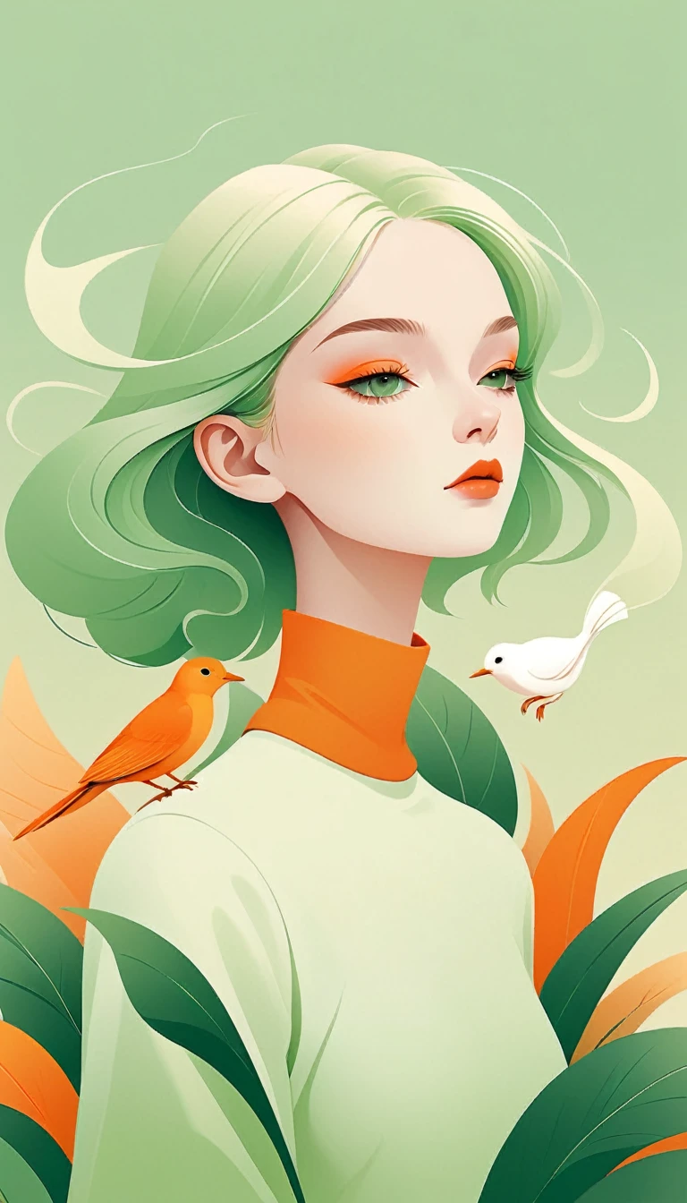 Minimalism illustrations, women with animals, in the style of graphic design-inspired illustrations, pale gradient, light green and orange, organic forms and shapes, traditional composition, clean and simple designs, dribbble, behance，Graphic illustration, a full solid color background,artwork by Agata Wierzbicka, architecture and eaves, blank art, background is only solid color, elegance, minimalism, strong contrast between size,
