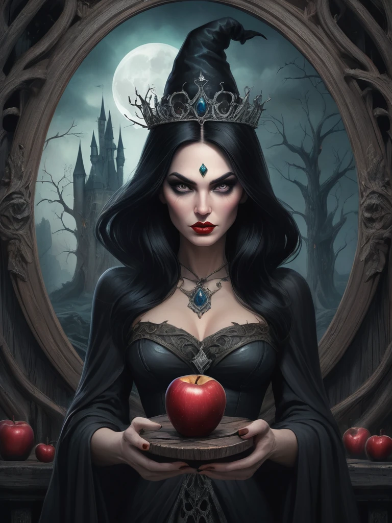 mundo maravilloso，Bruja con poderes misteriosos，((Hermoso))，pelo negro，Castillo oscuro，madera muerta, ((Sosteniendo una manzana envenenada，Magia Venenosa))，(Espejo mágico)，Reina Bruja，magia, fantástico, concepto de arte de fantasía, detalles intrincados, mejor calidad, obra maestra, Extremadamente afilado, Surrealism