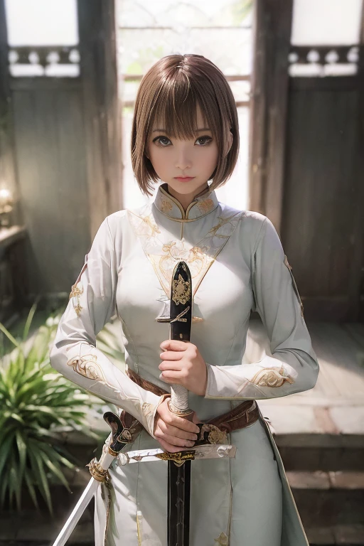 (Holding (Long sword:1.3)), (The blade glitters), (Holding sword sheath) 、(Stance of swordsmanship)、(1 girl)、Bob Hair、Brown Hair、Medium breast、Chinese clothing:1.3、Temple precinctasterpiece:1.2、Raw photo quality、Highest quality)、(Beautiful face、Anatomically correct limbs、Anatomically correct body)、