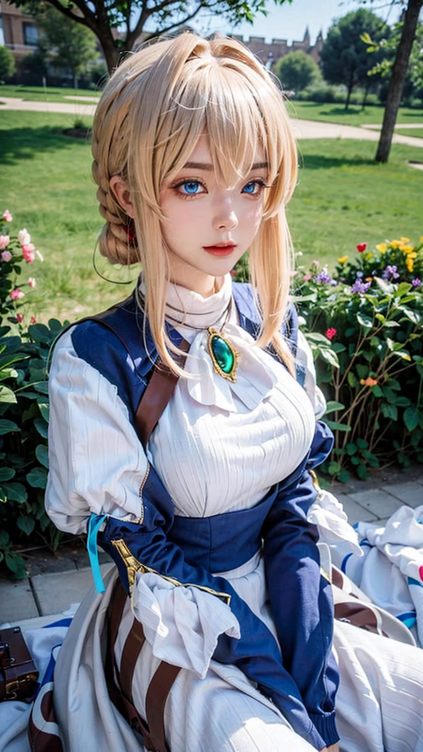 ((best quality)), ((masterpiece)), (detailed), perfect face, pretty face, beautiful female, beautiful body, e cup breast, perfect body, head accessories, sleeveless sweater, blue eyes, violet_evergarden, at the park