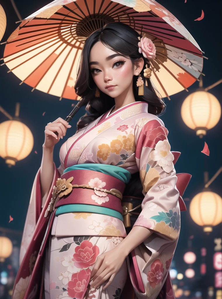 Frau,(Ganzkörper), (trägt einen bunten Kimono_Kleidung:1.3), Regenschirm halten, gute Hand,4K, hochauflösend, Meisterwerk, beste Qualität, Kopf:1.3,((Hasselblad-Fotografie)), fein detaillierte Haut, scharfer Fokus, (Filmische Beleuchtung), Nacht, sanfte Beleuchtung, dynamischer Winkel, [:(detailliertes Gesicht:1.2):0.2], mittlere Brüste, draußen __*/zufällig__Rose