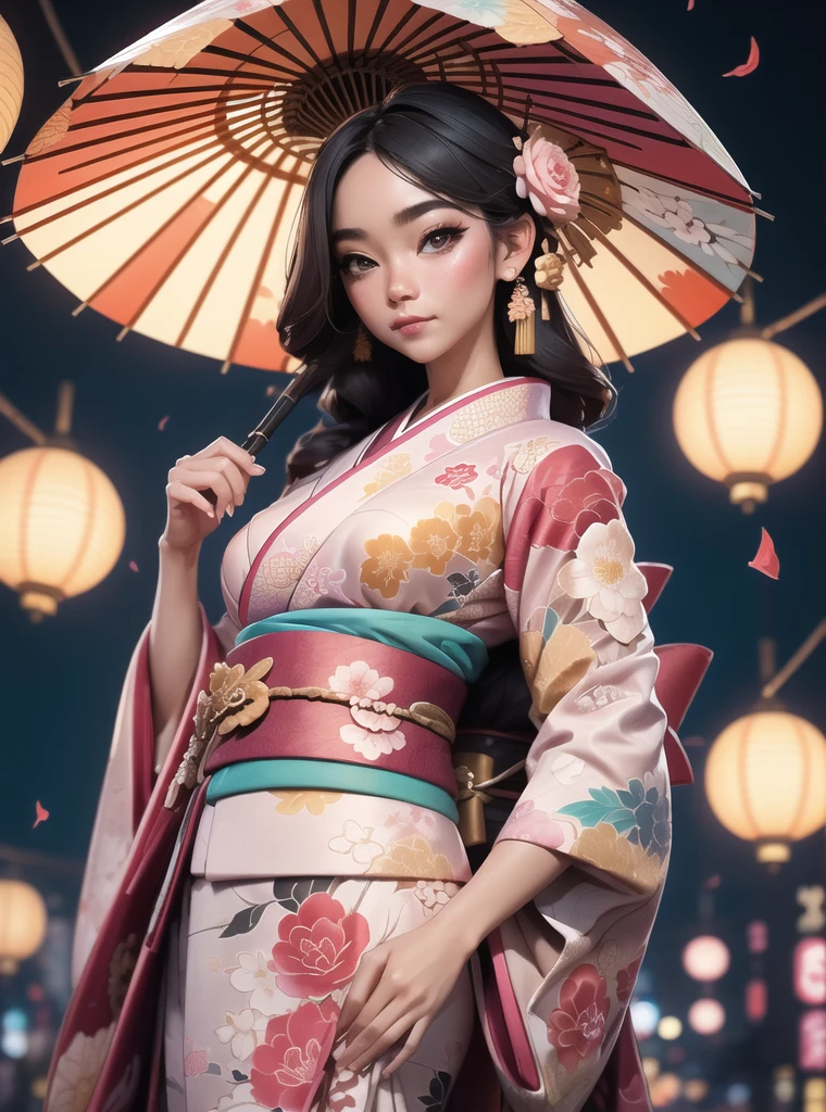 woman,(full body), (wearing colorful kimono_clothes:1.3), holding umbrella, good hand,4K, high-res, masterpiece, best quality, head:1.3,((Hasselblad photography)), finely detailed skin, sharp focus, (cinematic lighting), night, soft lighting, dynamic angle, [:(detailed face:1.2):0.2], medium breasts, outside __*/Random__Rose