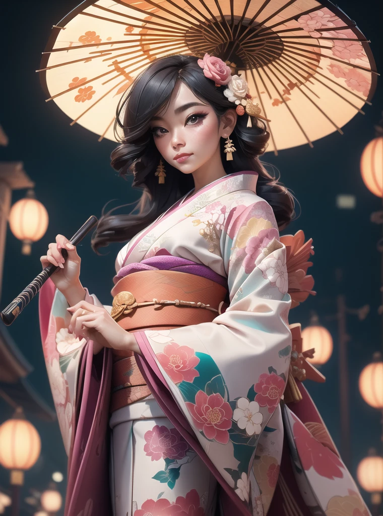 woman,(full body), (wearing colorful kimono_clothes:1.3), holding umbrella, good hand,4K, high-res, masterpiece, best quality, head:1.3,((Hasselblad photography)), finely detailed skin, sharp focus, (cinematic lighting), night, soft lighting, dynamic angle, [:(detailed face:1.2):0.2], medium breasts, outside __*/Random__Rose