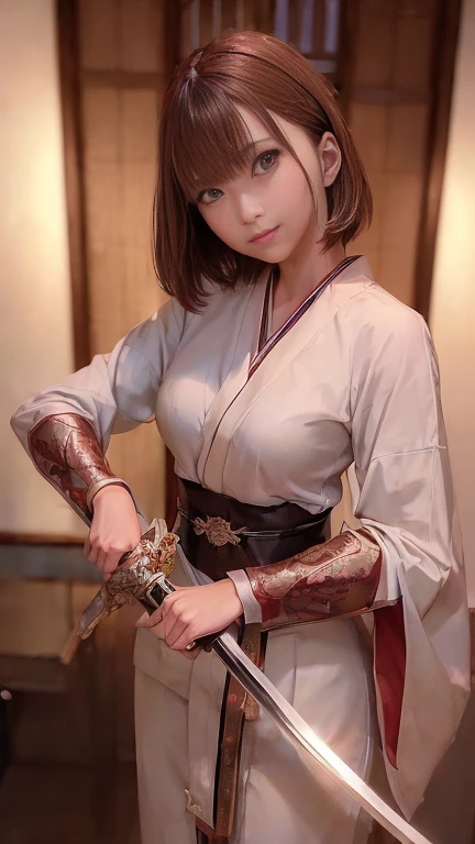 (Holding (Japanese long sword :1.3)), (The blade glitters:1.2), (Stance of swordsmanship:1.3),(1 girl)、Bob Hair、Brown Hair、Medium breast、Chinese clothing:1.3、Temple precinctasterpiece:1.2、Raw photo quality、Highest quality)、(Beautiful face、Anatomically correct limbs、Anatomically correct body)、