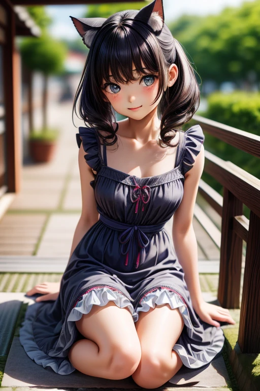 Super detailed, Fine grain, Japanese , ( 14-year-old girl),Look at the photographer､  (curly gray hair, nekomimi),  Glossy Lips,  Center image,  Perfect limbs, Perfect Anatomy,(Summer dresses with ruffles),Suggestive