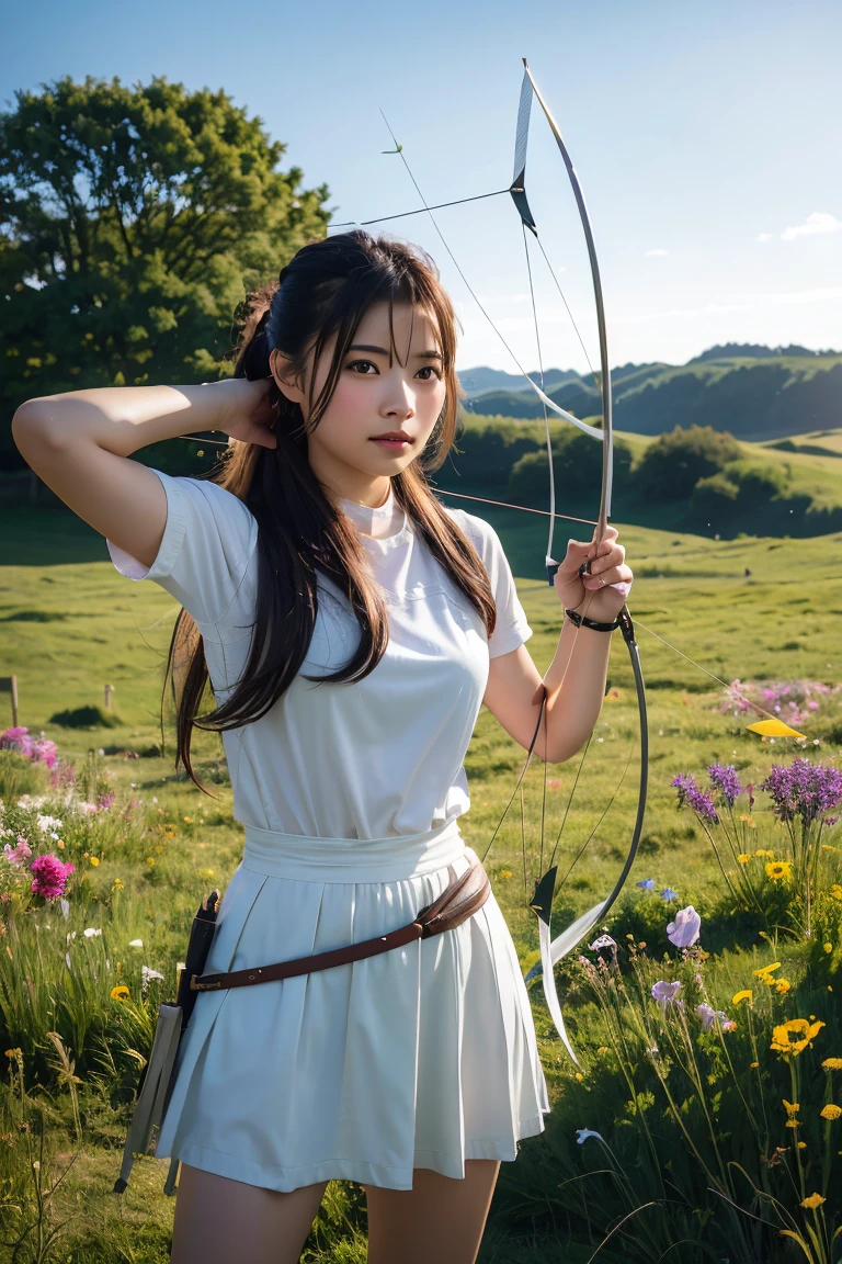 A photorealistic image of a young female archer with a serene expression, holding a bow and arrow. She is standing in a meadow with wildflowers, with soft lighting and a peaceful atmosphere. High resolution, ultra-detailed, 8k, best quality.