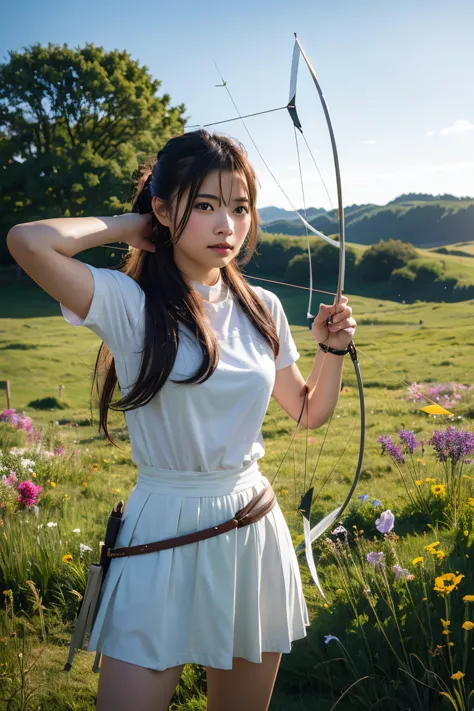 A photorealistic image of a young female archer with a serene expression, holding a bow and arrow. She is standing in a meadow w...