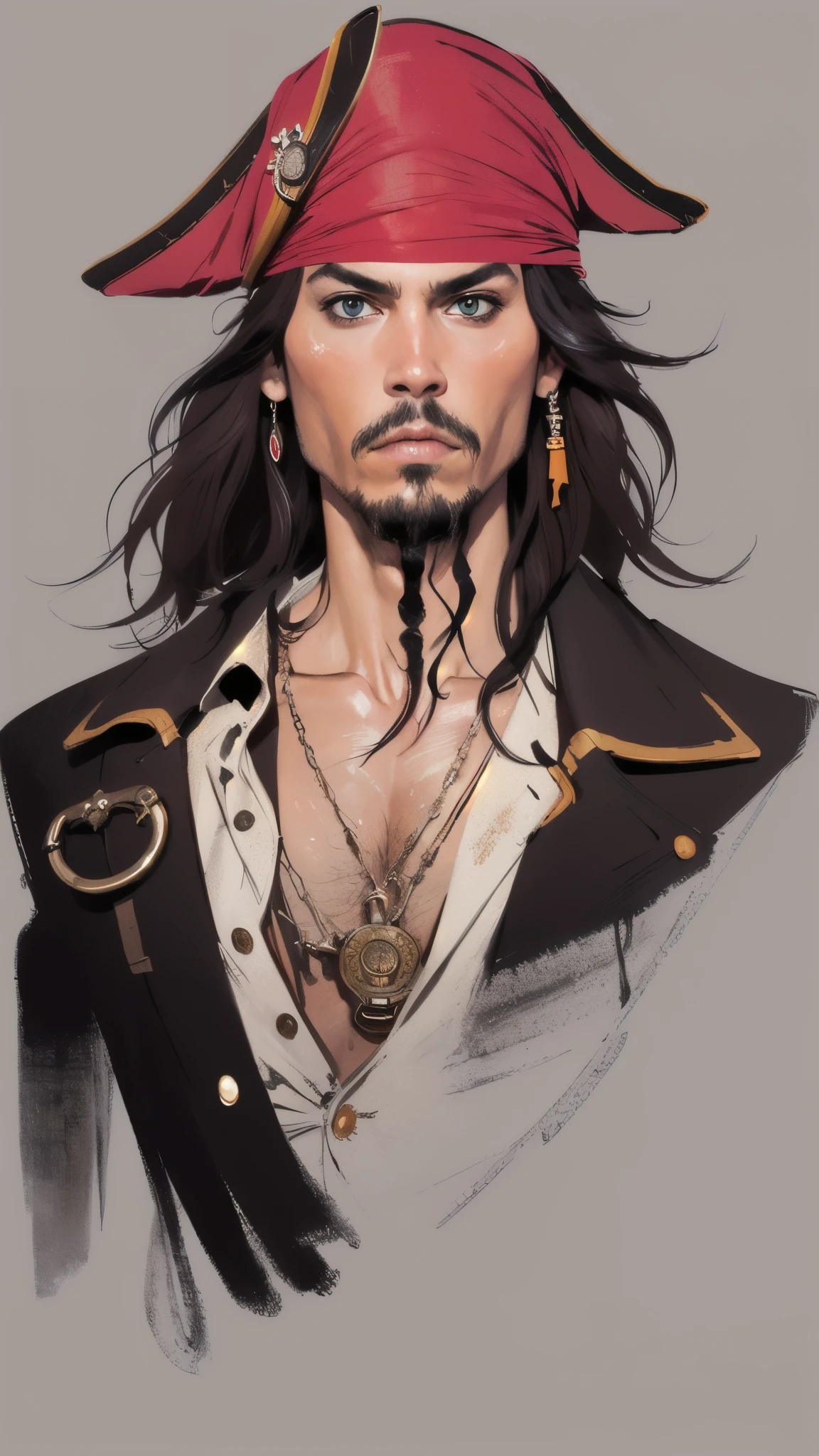 (Meisterwerk:1.2, höchste Qualität),8K,Hintergrund,(Eine Illustration),(Jack Sparrow), Nahaufnahme des Oberkörpers,Vorderseite,Im Piratenkostüm gekleidet,perfekte Augen,Detailliertes Gesicht,,cooler Typ
