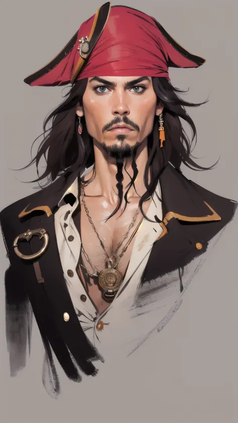 (masterpiece:1.2, Highest quality),8K,wallpaper,(An illustration),(Jack Sparrow), Upper body close-up,front,Dressed in a pirate ...