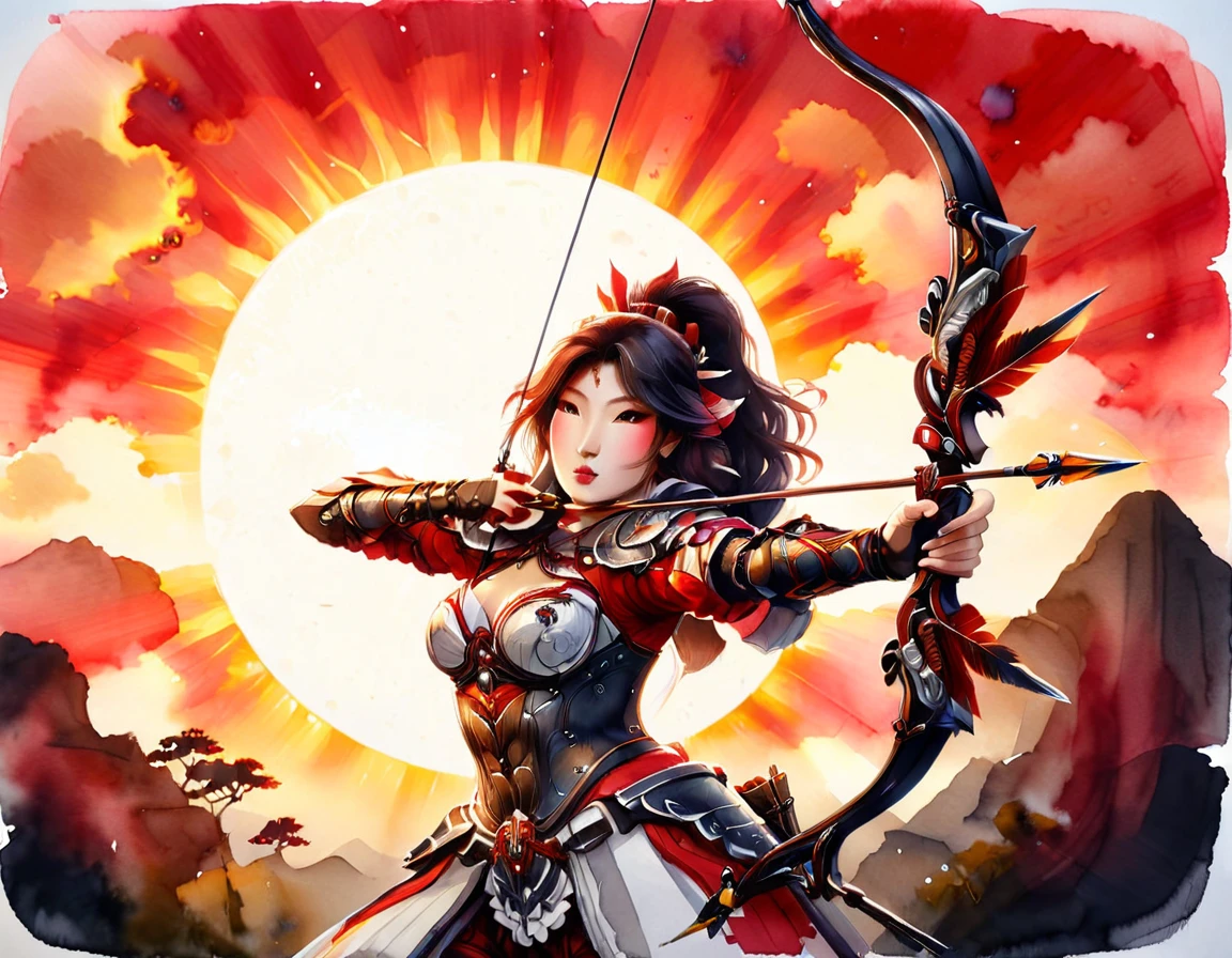 a Japanese watercolor illustration (using Black, white and red colors only) of a exquisite beautiful female archer, (silhouette artwork: 1.3), aiming a bow, holding the (composite masterwork bow: 1.3)  perfectly, ready for action as the sun rises, fantasy art, ), sun rising behind the archer, ready to act,  ultra feminine, with a long curvy hair, wearing knights armor, intricate clothes, , sting drawn to the cheek , arrow ready to be shot, (tip of the arrow glimmers in the sun: 1.3), sunrays, divine rays, high details, best quality, 16k, [ultra detailed], masterpiece, best quality, (extremely detailed), dynamic angle, Aiming a Bow, bow (weapon), ral-wtrclr, Aiming a Bow