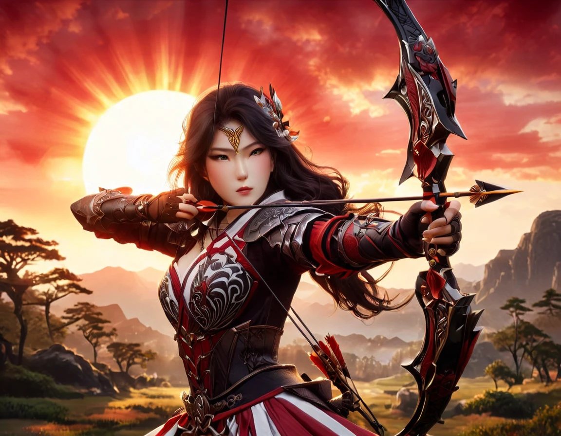 a Japanese watercolor illustration (using Black, white and red colors only) of a exquisite beautiful female archer, (silhouette artwork: 1.3), (aiming a bow: 1.4), holding the (composite masterwork bow: 1.3)  perfectly, ready for action as the sun rises, fantasy art, ), sun rising behind the archer, ready to act,  ultra feminine, with a long curvy hair, wearing knights armor, intricate clothes, , sting drawn to the cheek , arrow ready to be shot, (tip of the arrow glimmers in the sun: 1.3), sunrays, divine rays, high details, best quality, 16k, [ultra detailed], masterpiece, best quality, (extremely detailed), dynamic angle, Aiming a Bow, bow (weapon), Aiming a Bow