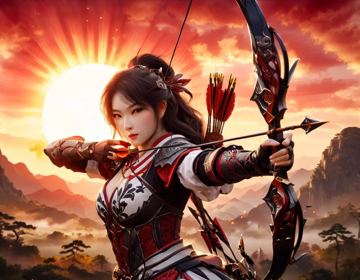 a Japanese watercolor illustration (using Black, white and red colors only) of a exquisite beautiful female archer, (silhouette artwork: 1.3), (aiming a bow: 1.4), holding the (composite masterwork bow: 1.3)  perfectly, ready for action as the sun rises, fantasy art, ), sun rising behind the archer, ready to act,  ultra feminine, with a long curvy hair, wearing knights armor, intricate clothes, , sting drawn to the cheek , arrow ready to be shot, (tip of the arrow glimmers in the sun: 1.3), sunrays, divine rays, high details, best quality, 16k, [ultra detailed], masterpiece, best quality, (extremely detailed), dynamic angle, Aiming a Bow, bow (weapon), Aiming a Bow