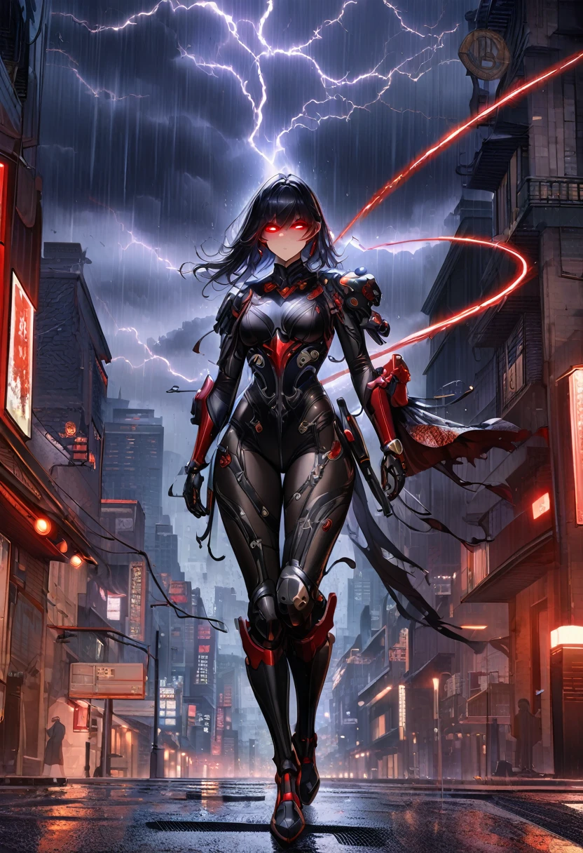 1 Chinese girl, Warframe, Complex patterns, heavy metal, Energy Line, The Faceless, Glowing eyes, elegant, intense, Blood red and black, Solitary, Modern, City, street, dark clouds, thunderstorm, Heavy rain,, Dramatic Lighting,, (masterpiece:1.2), best quality, high resolution,   Beautiful and detailed, Extremely detailed, Perfect lighting,