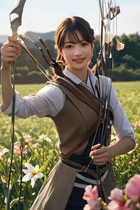 A photorealistic image of a young archer girl with a gentle smile, holding a bow and arrow. She is standing in a field of bloomi...