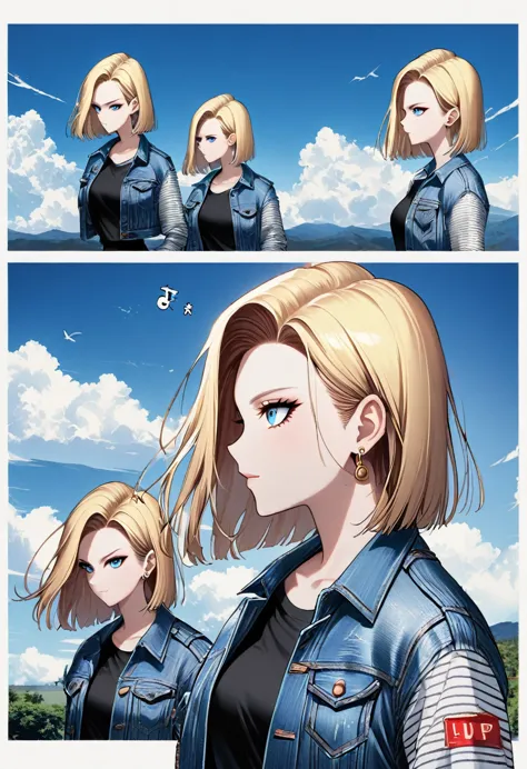 1 Girl, Solitary, Android 18, Blonde hair, blue eyes, short hair, Jewelry, earrings, Smile, jacket, looking off to the side, den...