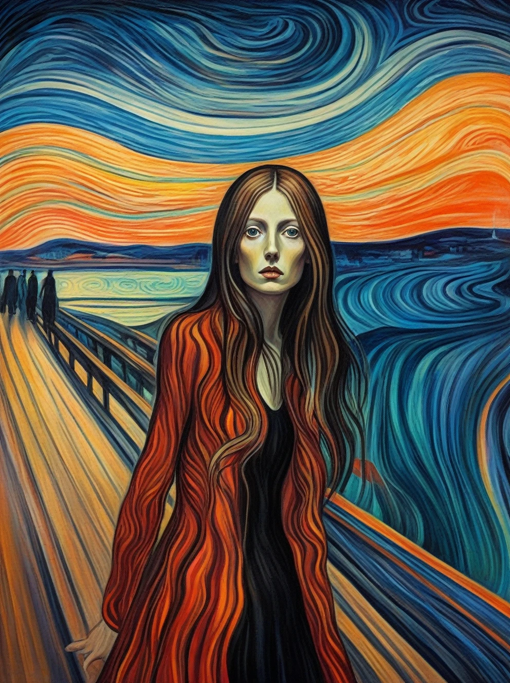 Amanda Sage style, 1girl, style of Edvard Munch, bold colors, high contrast, extremely detailed, high quality, highly detailed,