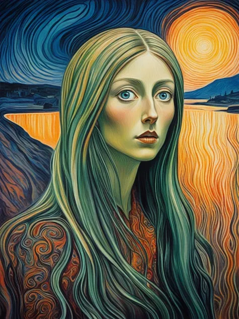 Amanda Sage style, 1girl, style of Edvard Munch, bold colors, high contrast, extremely detailed, high quality, highly detailed,