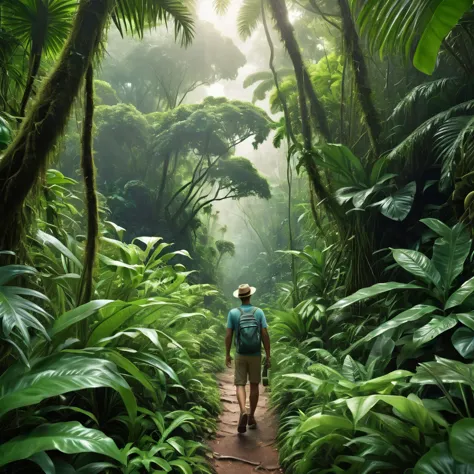 A person making his way through a lush jungle, at noon, hyperrealistic, Masterpiece, Photo, Superior quality