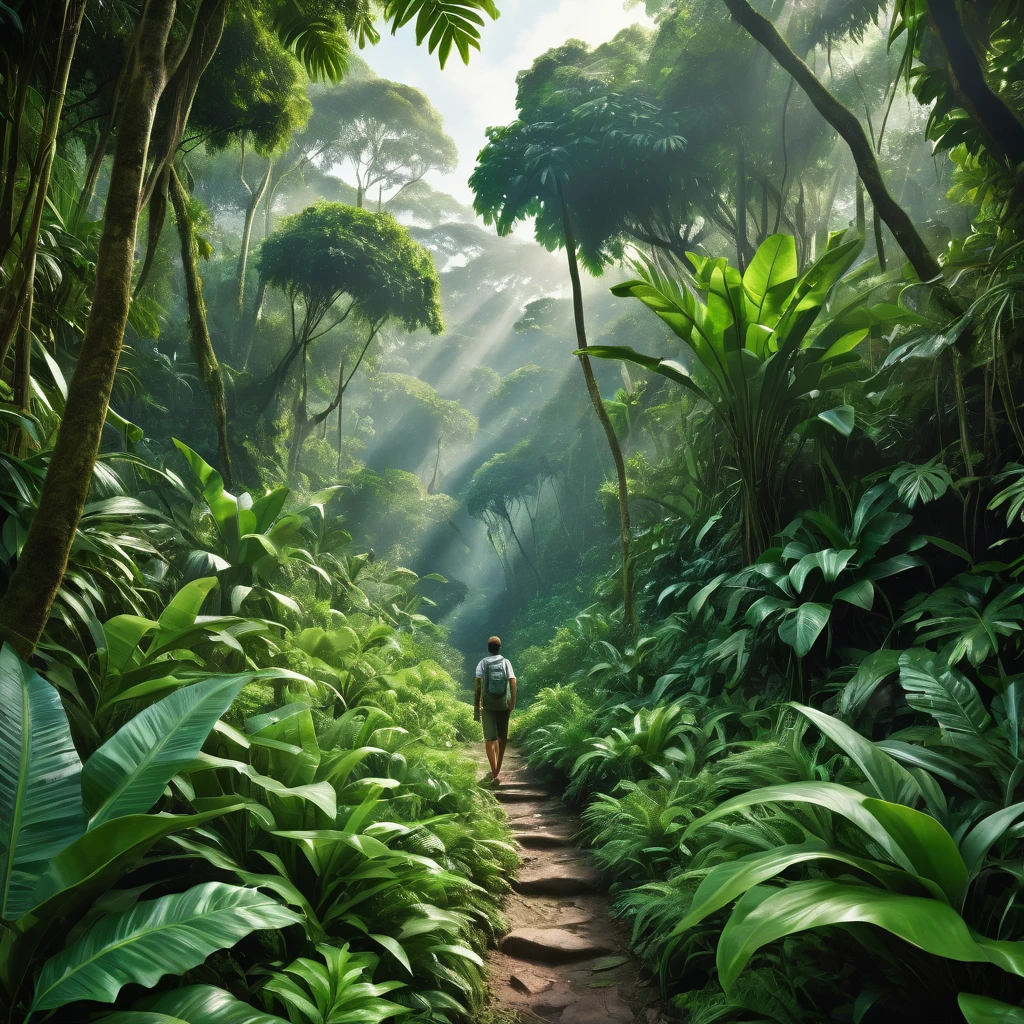 Человек пробирается через пышные джунгли, В полдень, гиперреалистичный, шедевр, Фото, высшее качество