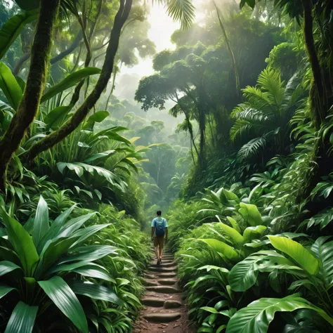 A person making his way through a lush jungle, at noon, hyperrealistic, Masterpiece, Photo, Superior quality