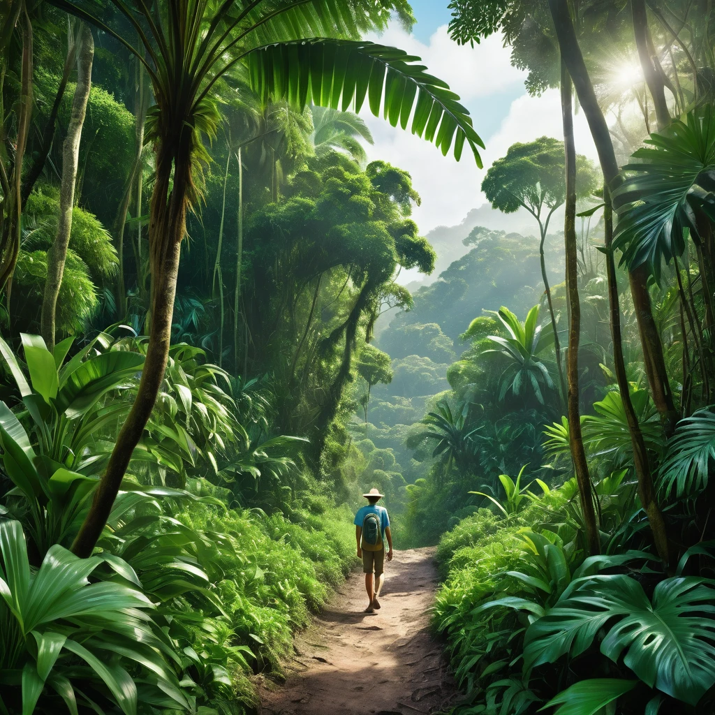 A person making his way through a lush jungle, at noon, hyperrealistic, Masterpiece, Photo, Superior quality