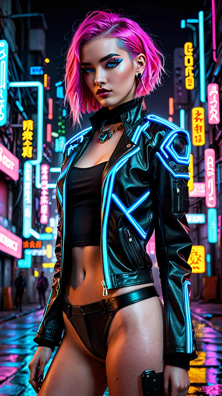 The image depicts a person with a striking cyberpunk style. I have a short, Bright pink and blue hair, Their makeup is just as bold., Features neon accents that complement your hair color. They wore a black leather jacket with neon pink and blue trim., Give it a futuristic feel, High-tech look. The design of this jacket is very unique，A camera or sensor is integrated into the chest area, Added cybernetic aesthetics.

The person also wore a black top with a similar neon design, The outfit was completed with a necklace that looked like a black choker.. Background with night city view, Under the illumination of neon lights, This enhances the cyberpunk theme of the image. The lighting and color grading create a moody and atmospheric atmosphere, Suggesting a setting that is both urban and otherworldly. This image is likely a creative concept，Or a promotional video for a fashion or entertainment project with a cyberpunk twist.