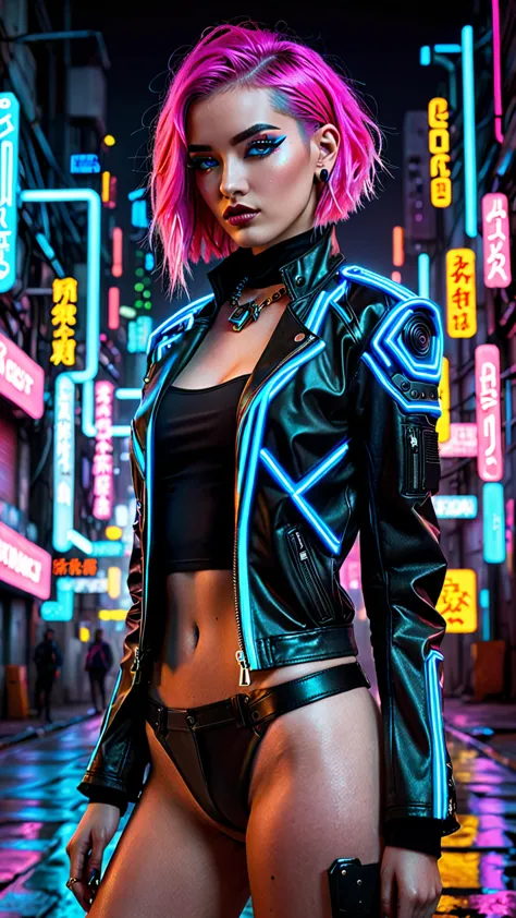 The image depicts a person with a striking cyberpunk style. I have a short, Bright pink and blue hair, Their makeup is just as b...