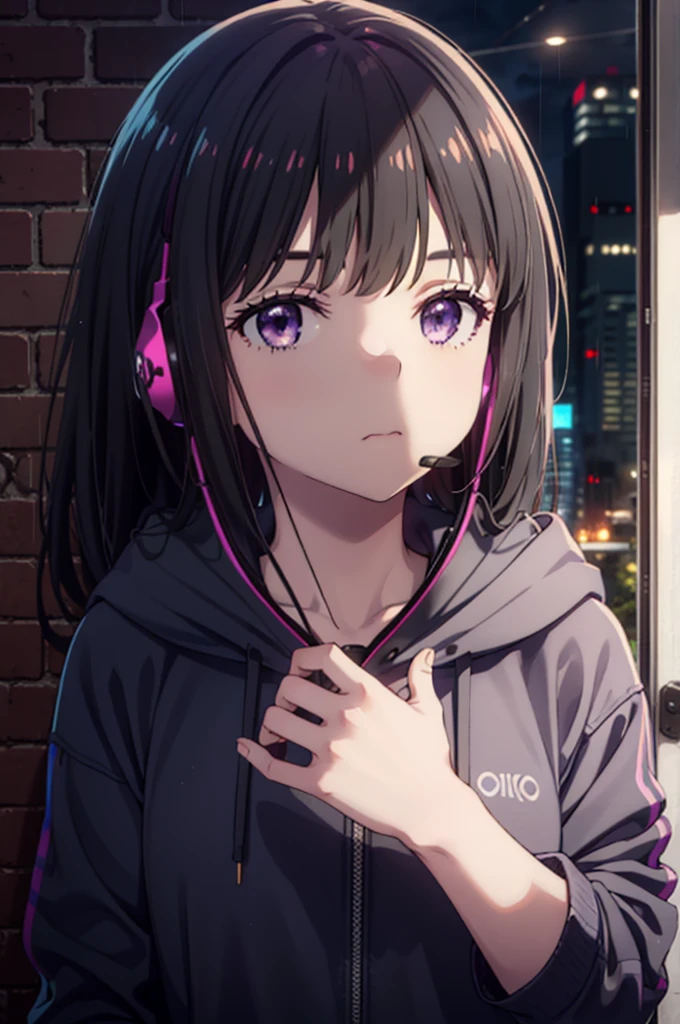 Takiuchikami, Check it out, Long Hair, bangs, Black Hair, (Purple eyes:1.2),Oversized blue hoodie,Wired headphones,Wearing a hoodie hood,jeans,High-top sneakers,Leaning against the wall,Hiding in a roofed building,whole bodyがイラストに入るように,rain,cloudy,night,
break outdoors, Building district,
break looking at viewer, whole body,
break (masterpiece:1.2), Highest quality, High resolution, unity 8k wallpaper, (figure:0.8), (Beautiful attention to detail:1.6), Highly detailed face, Perfect lighting, Highly detailed CG, (Perfect hands, Perfect Anatomy),