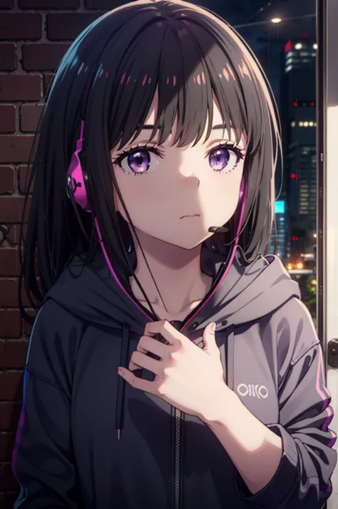 takiuchikami, check it out, long hair, bangs, black hair, (purple eyes:1.2),oversized blue hoodie,wired headphones,wearing a hoo...