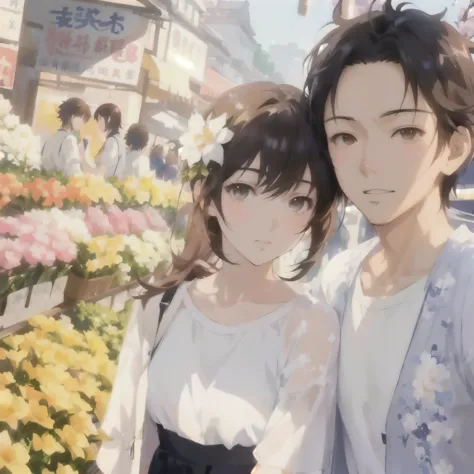 Anime couple taking photo in front of flower shop, Gu Weiss, artwork in the style of Gu Weiss, Gu Weiss and makoto shinkai, Saki...